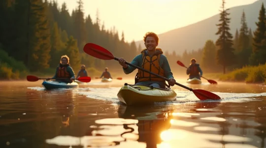 Personnes en plein air au Québec, kayak sur lac calme, montagnes en arrière-plan sous ciel doré
