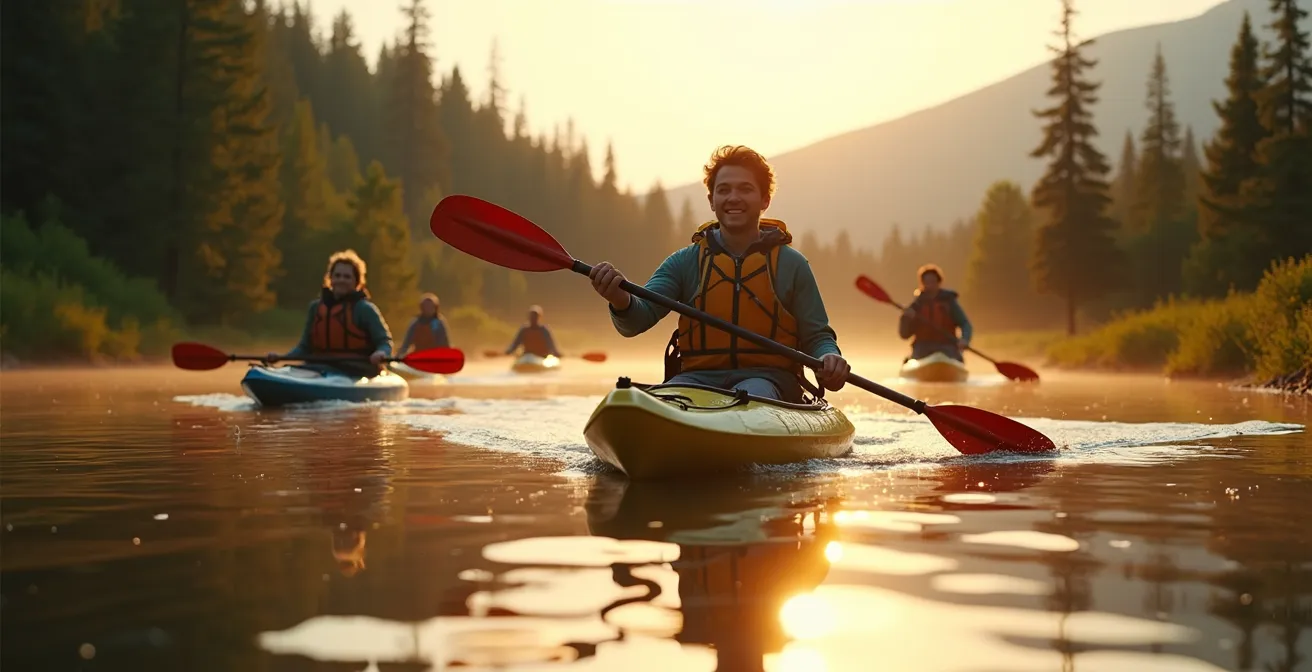 Personnes en plein air au Québec, kayak sur lac calme, montagnes en arrière-plan sous ciel doré