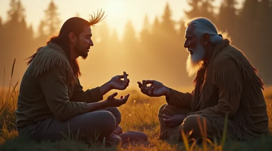 Photographie symbolique d'une rencontre authentique entre un membre des Premières Nations et un voyageur dans un paysage naturel emblématique du Canada, reflet de respect et de partage.
