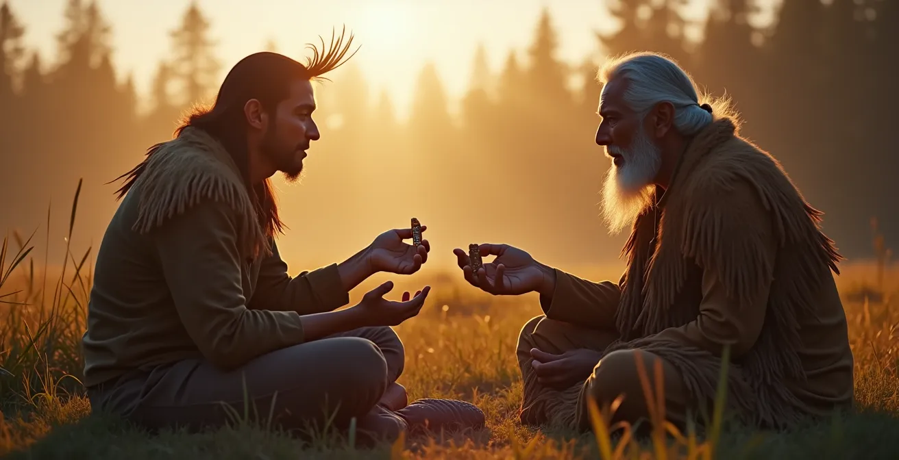 Photographie symbolique d'une rencontre authentique entre un membre des Premières Nations et un voyageur dans un paysage naturel emblématique du Canada, reflet de respect et de partage.