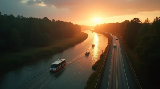 Vue panoramique du fleuve Saint-Laurent avec bateaux et paysages variés