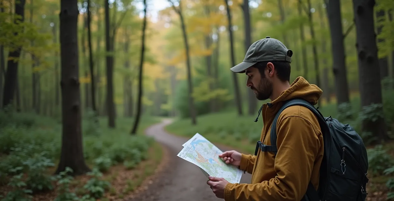 Randonneur contemplatif face à plusieurs sentiers divergents dans la forêt québécoise, symbolisant le choix de l'itinéraire parfait