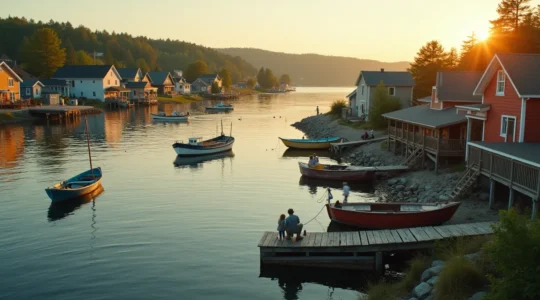 Communautés riveraines du fleuve Saint-Laurent avec maisons colorées au bord de l'eau et bateaux de pêche traditionnels