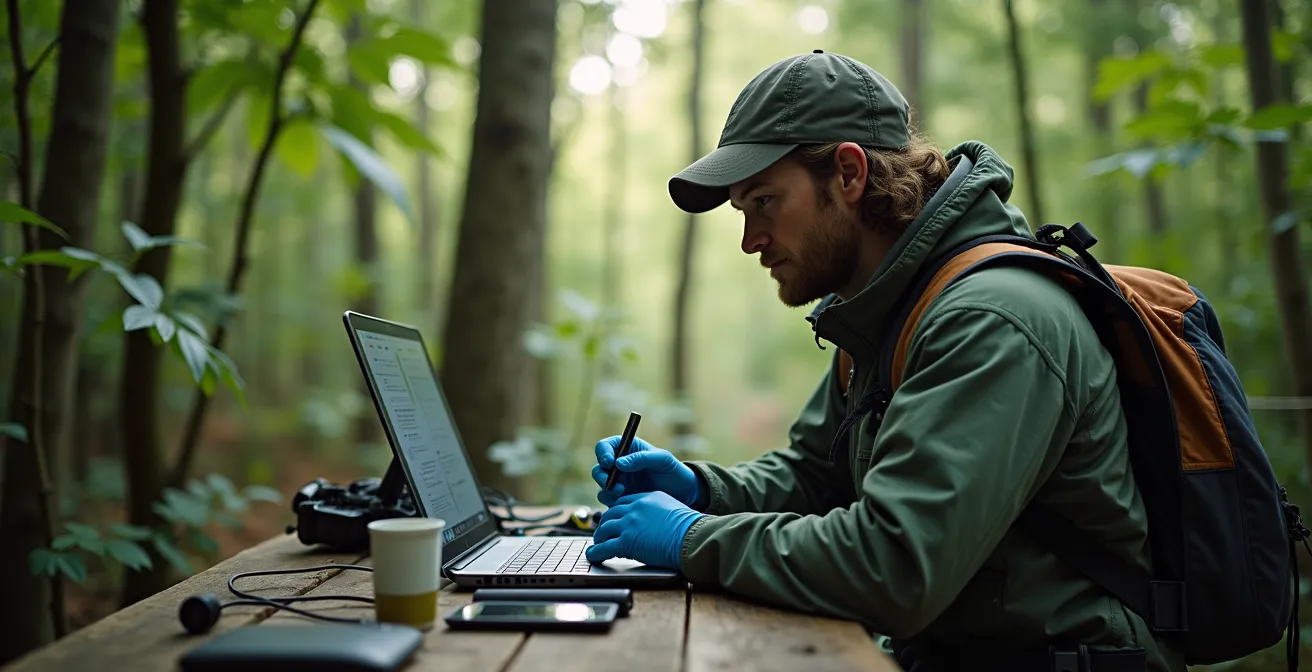 Scientifique analysant des échantillons d'eau dans un laboratoire de terrain au cœur d'un parc national