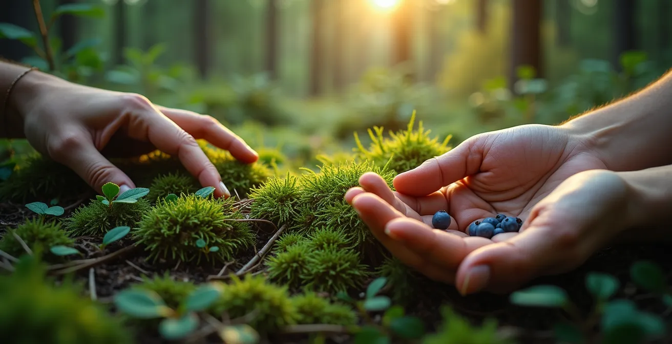 Illustration sensorielle d’une personne en forêt boréale contrastée avec une forêt mixte montrant textures, lumières et plantes caractéristiques