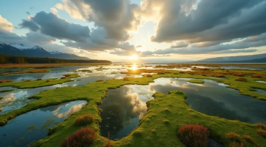 Paysage composite montrant la diversité des écosystèmes uniques du Québec : toundra arctique, tourbières mystérieuses et forêts boréales
