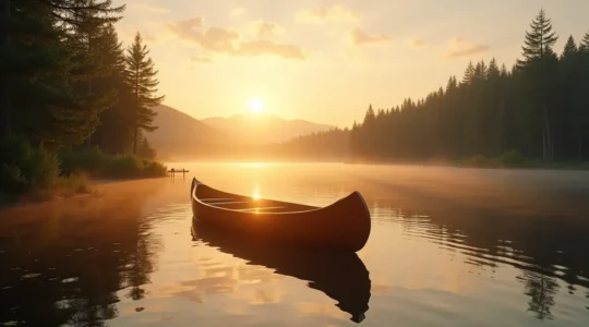 Paysage québécois paisible avec un lac calme, forêt dense et un canot sur l'eau au lever du soleil, évoquant la sérénité et l'énergie de voyage