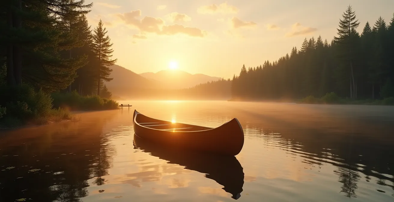 Paysage québécois paisible avec un lac calme, forêt dense et un canot sur l'eau au lever du soleil, évoquant la sérénité et l'énergie de voyage