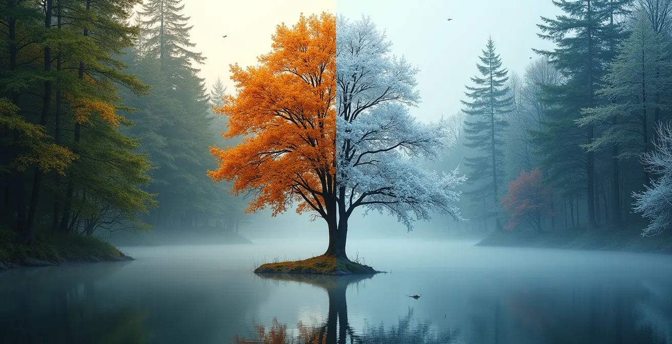 Contraste ete-hiver dans une meme foret quebecoise, ambiance sonore et repere visuel transformes