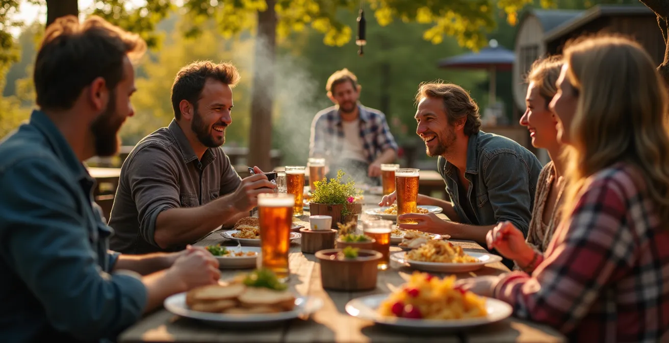 Illustration vivante d'une scène québécoise avec une microbrasserie, un groupe riant lors d’un party de cuisine traditionnel en village