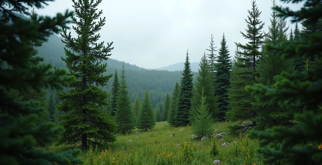 Forêt boréale québécoise typique avec épinettes noires, sapins baumiers et pins gris sous un ciel nordique