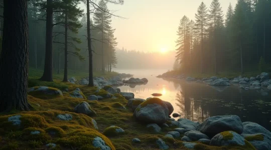 Vue panoramique d'une forêt boréale québécoise avec conifères, lacs sombres et rochers du Bouclier canadien sous une lumière douce d'automne