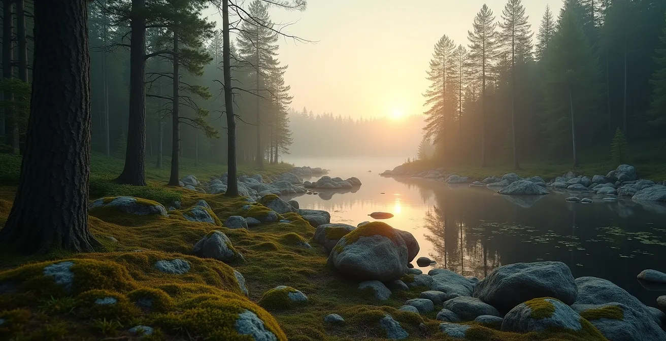 Vue panoramique d'une forêt boréale québécoise avec conifères, lacs sombres et rochers du Bouclier canadien sous une lumière douce d'automne
