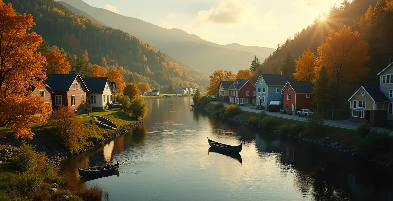 Un panorama illustrant un road trip thématique avec un village historique, des forêts et rivières sereines, représentant l'union entre nature et culture
