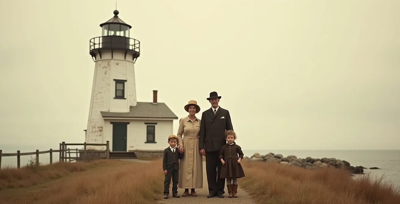 Gardien de phare et sa famille devant le phare historique de l'Île Verte sur le fleuve Saint-Laurent