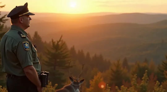Gardien de parc national québécois observant un paysage naturel préservé avec une faune diversifiée