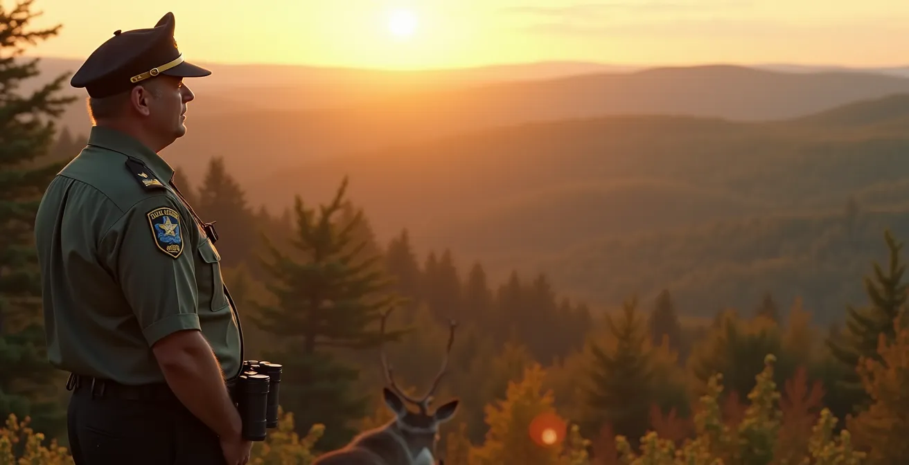 Gardien de parc national québécois observant un paysage naturel préservé avec une faune diversifiée