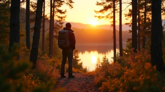 Un sentier forestier s'enfonce dans une forêt boréale dense du Québec, avec un randonneur contemplatif observant un lac à l'horizon au lever du soleil, symbolisant l'immersion authentique dans la nature.