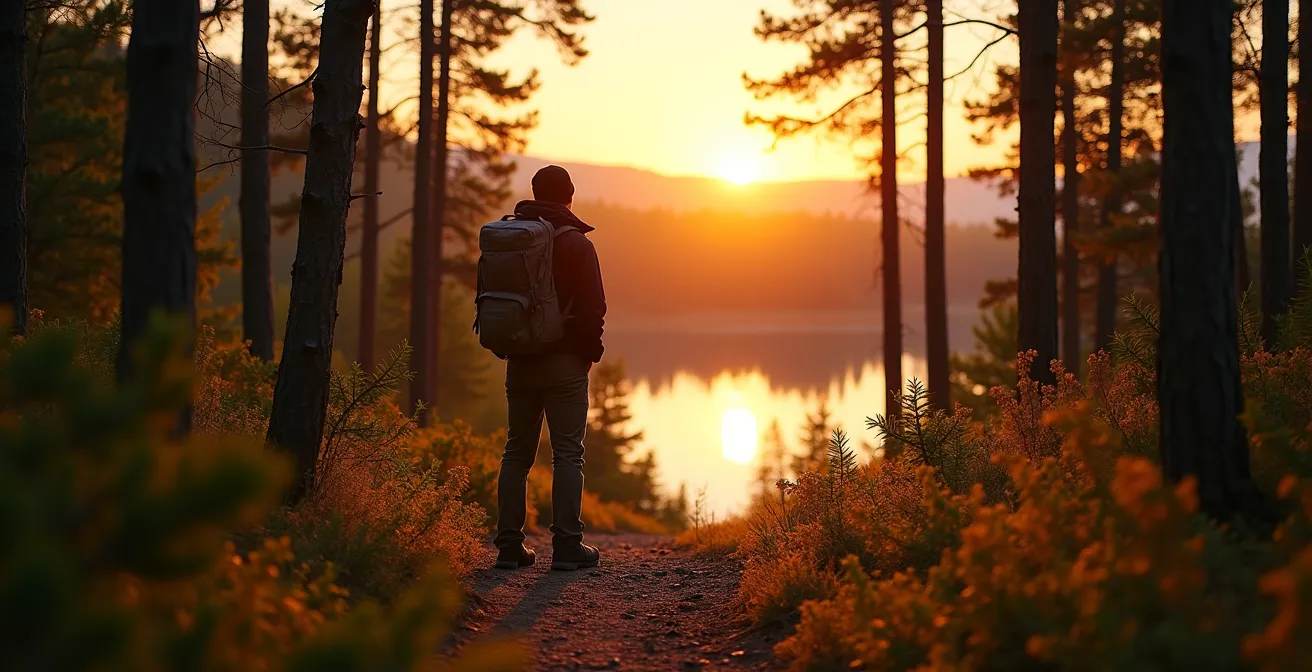 Un sentier forestier s'enfonce dans une forêt boréale dense du Québec, avec un randonneur contemplatif observant un lac à l'horizon au lever du soleil, symbolisant l'immersion authentique dans la nature.