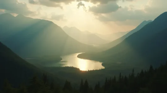 Paysage épique montrant les montagnes rondes du Québec, des lacs pristins et des forêts boréales sous un ciel dramatique