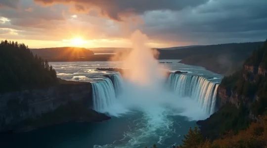 Panorama symbolique mêlant icônes naturelles du Québec dans un style cinématique