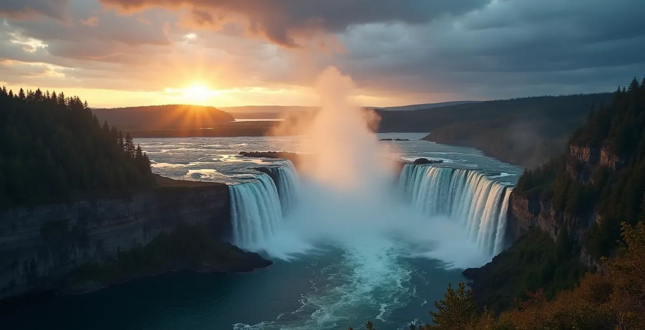 Panorama symbolique mêlant icônes naturelles du Québec dans un style cinématique