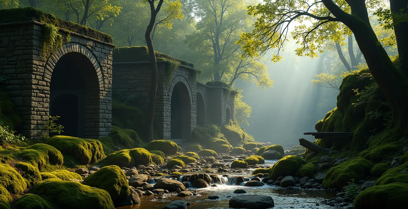 Vestiges d'un ancien moulin à eau envahi par la végétation dans une forêt de parc national