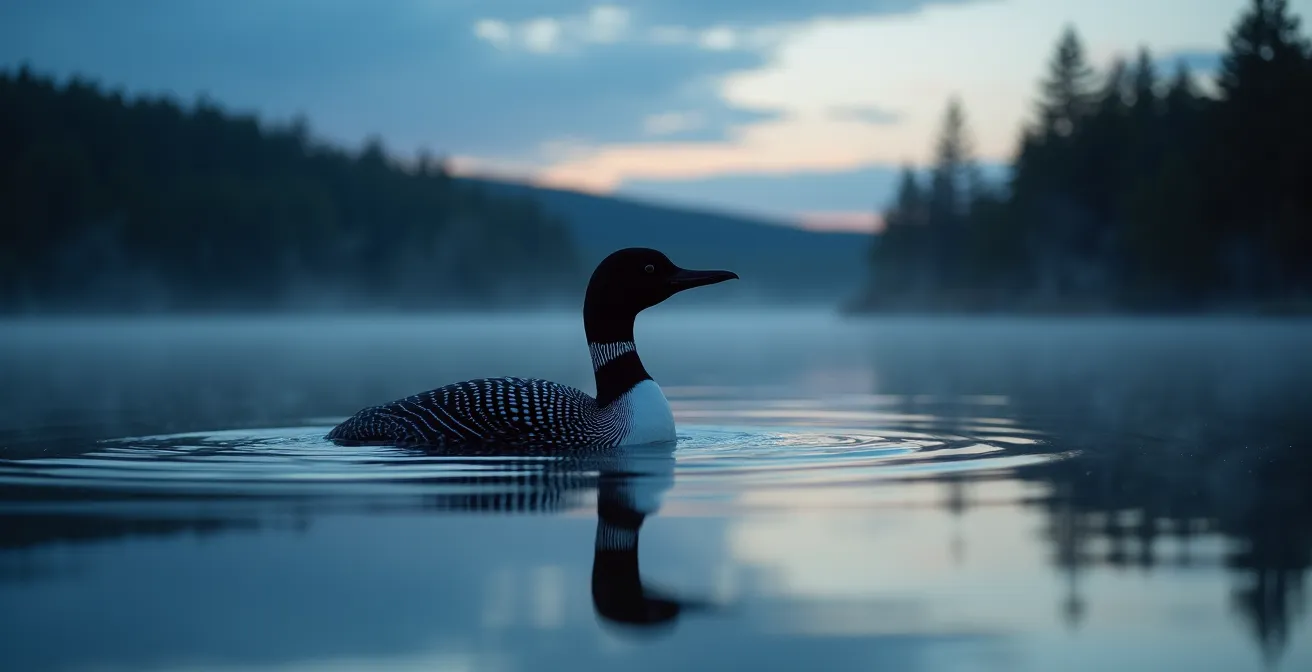Plongeon huard élégant flottant sur un lac québécois au crépuscule, créant des ondulations sonores visuelles dans l'eau calme