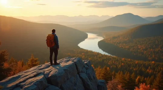 Panorama forestier du Quebec au crepuscule, randonneur face a l immensite