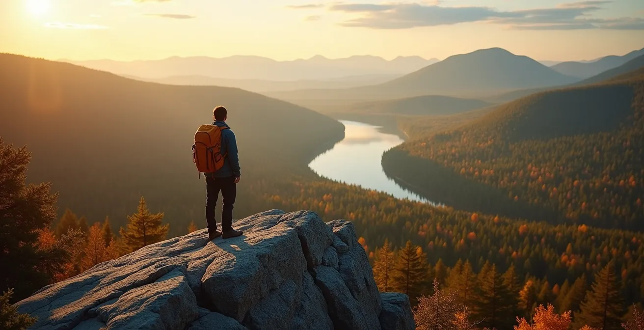 Panorama forestier du Quebec au crepuscule, randonneur face a l immensite