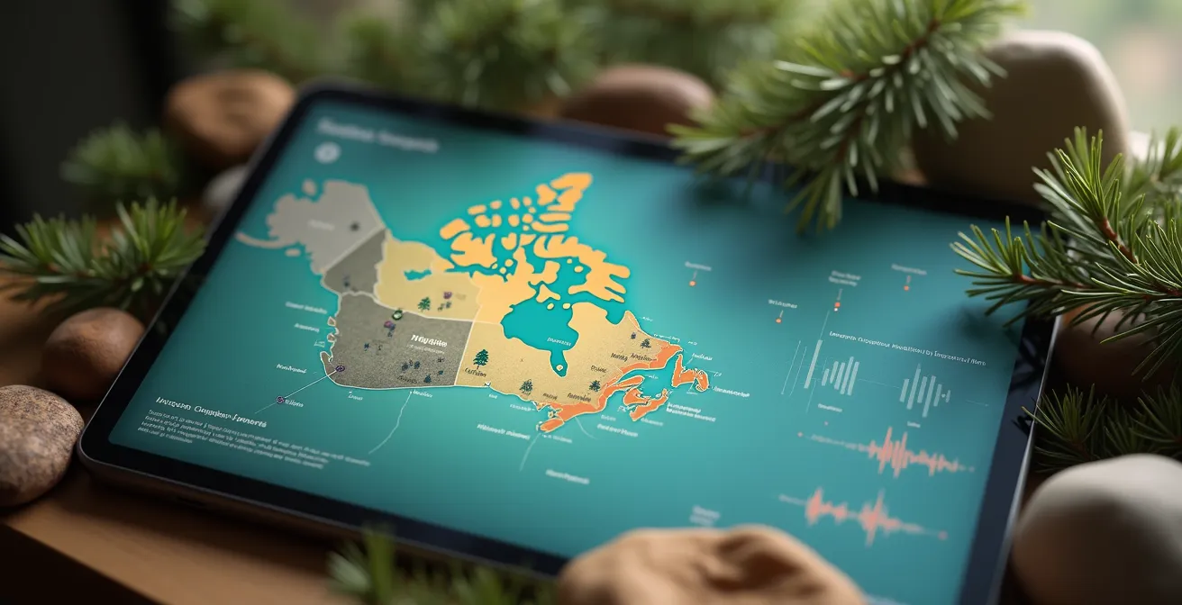 Une carte interactive du Québec met en évidence des toponymes autochtones avec des extraits sonores de prononciation, illustrant la richesse culturelle et historique des noms de lieux.