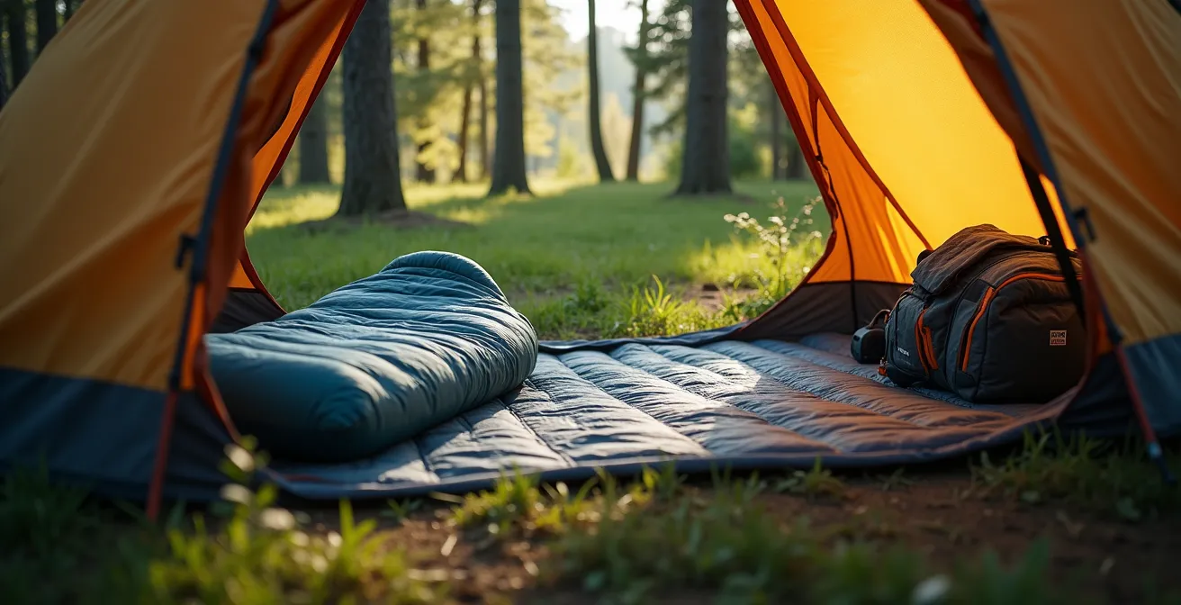 Sac de couchage et matelas gonflable dans un campement de randonnée en forêt