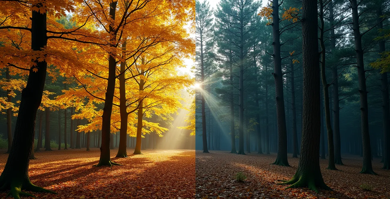 Composition artistique montrant les différentes palettes de couleurs des forêts québécoises en automne, évoquant les contrastes entre lumière et ombre