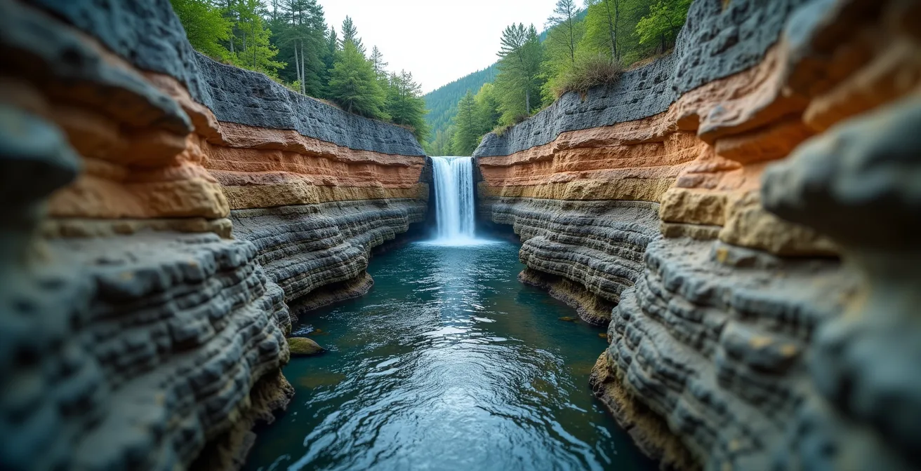 Vue géologique en coupe du pied de la chute Montmorency montrant les différentes strates rocheuses