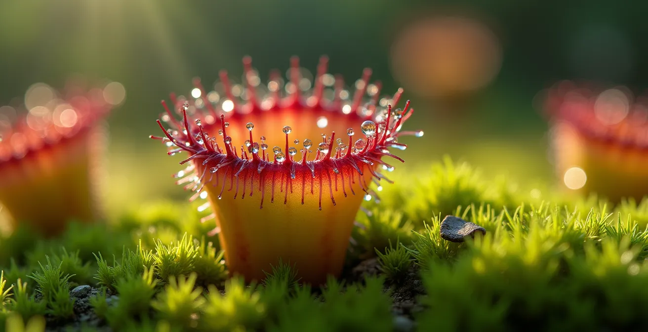 Gros plan sur des plantes carnivores droséra dans une tourbière québécoise avec sphaignes et atmosphère mystérieuse