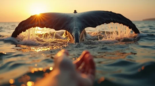 Photographie réaliste d'une main humaine tendue vers une nageoire caudale de baleine à bosse émergeant de l'eau, symbolisant la rencontre respectueuse entre l'humain et le cétacé.
