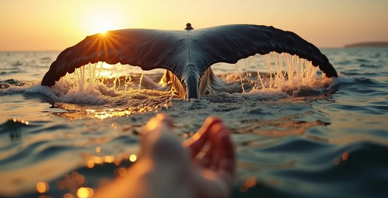Photographie réaliste d'une main humaine tendue vers une nageoire caudale de baleine à bosse émergeant de l'eau, symbolisant la rencontre respectueuse entre l'humain et le cétacé.