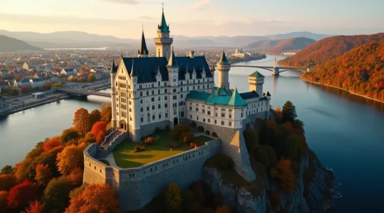 Représentation symbolique du double héritage culturel du Québec, mêlant influences française et britannique dans un paysage québécois authentique