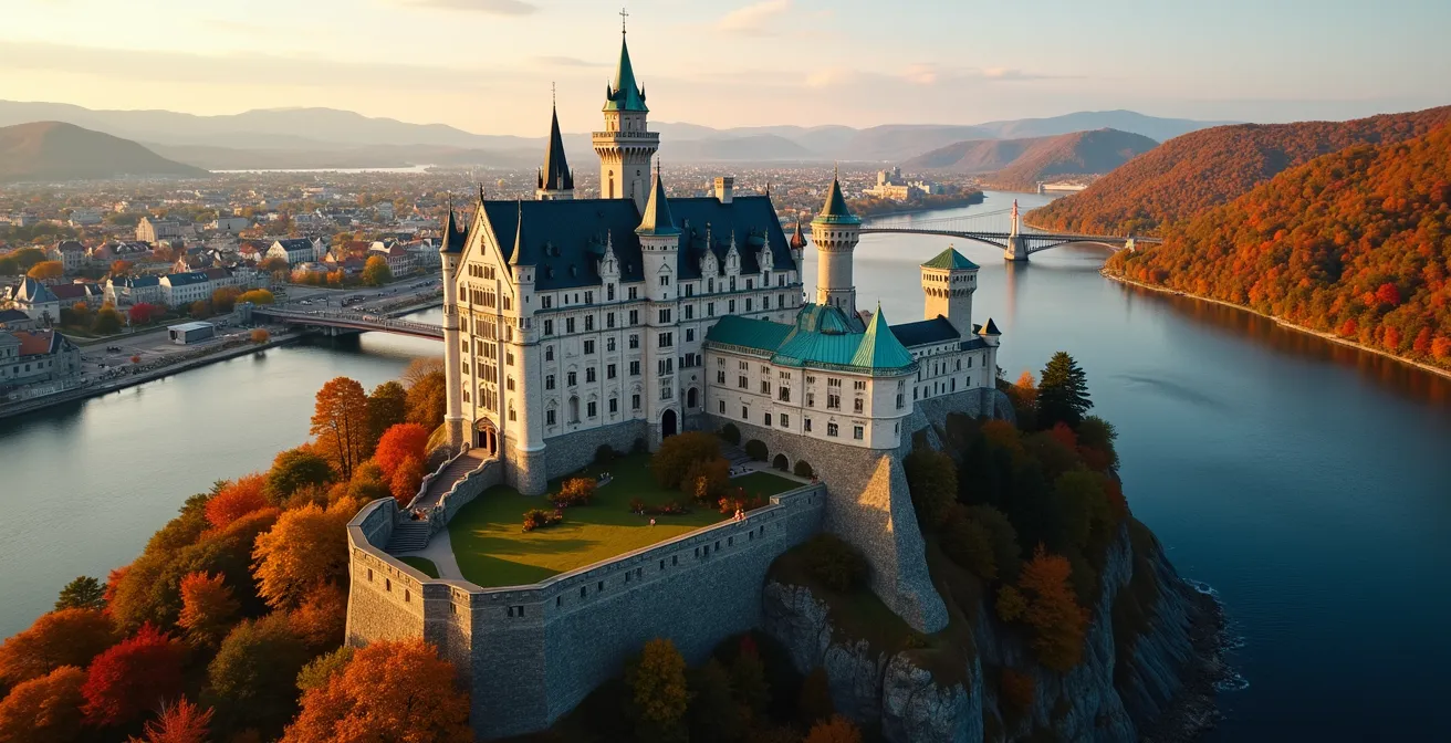 Représentation symbolique du double héritage culturel du Québec, mêlant influences française et britannique dans un paysage québécois authentique