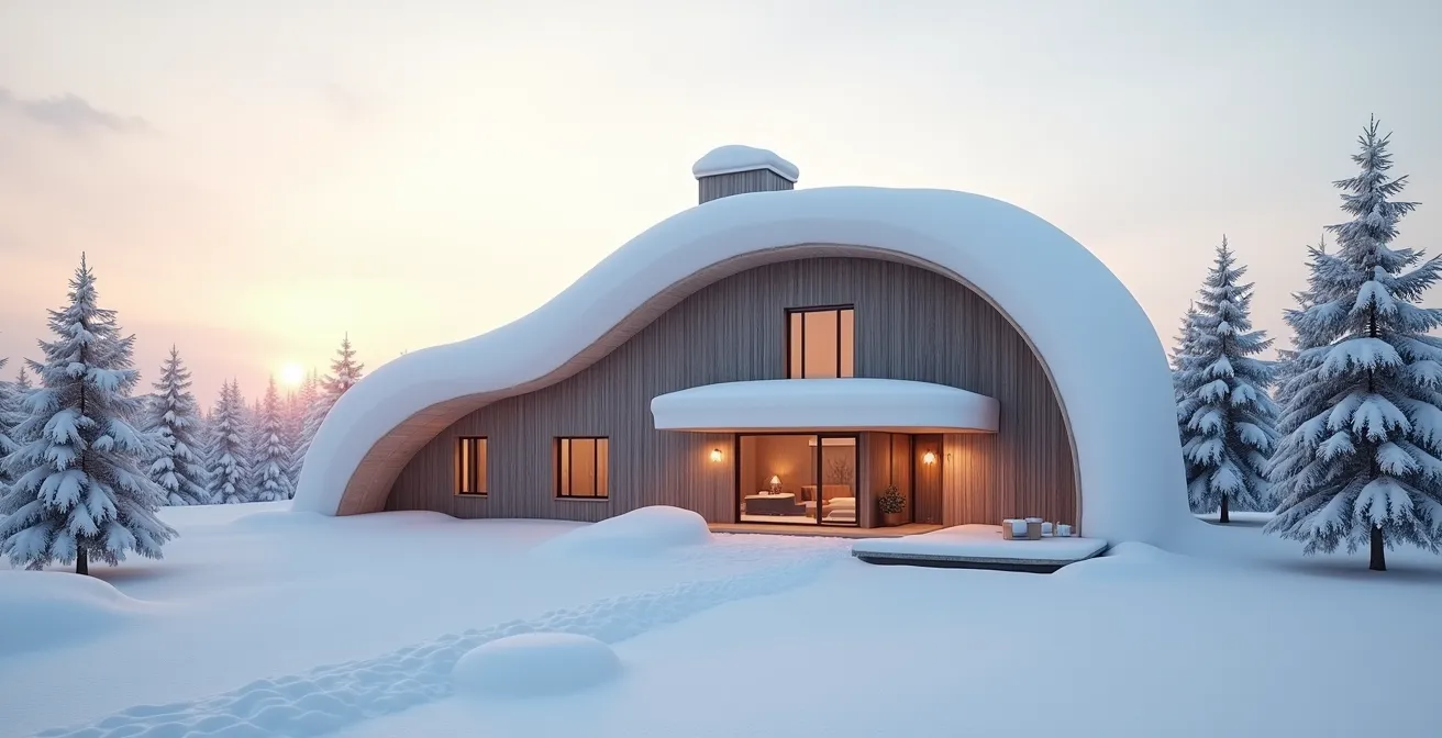 Maison traditionnelle québécoise avec toiture à forte pente enneigée sous un ciel clair d'hiver
