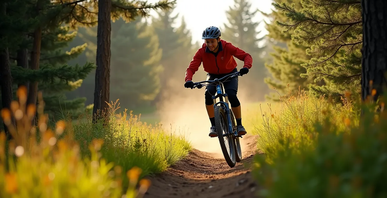 Cycliste débutant sur un sentier de vélo de montagne aménagé avec berms et rollers