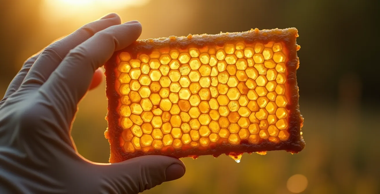 Apiculteur en combinaison protectrice examinant un cadre de ruche dorée au lever du soleil