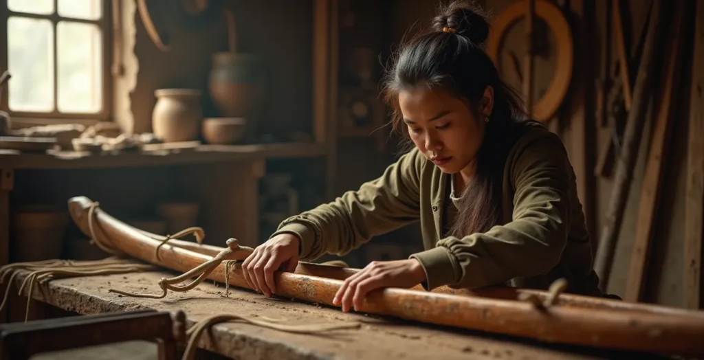 Artisan québécois travaillant sur un canot d'écorce avec un outil traditionnel dans un atelier rustique