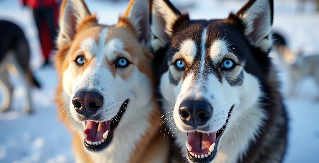 Gros plan sur des chiens huskies excités et joyeux avant le départ d'une randonnée