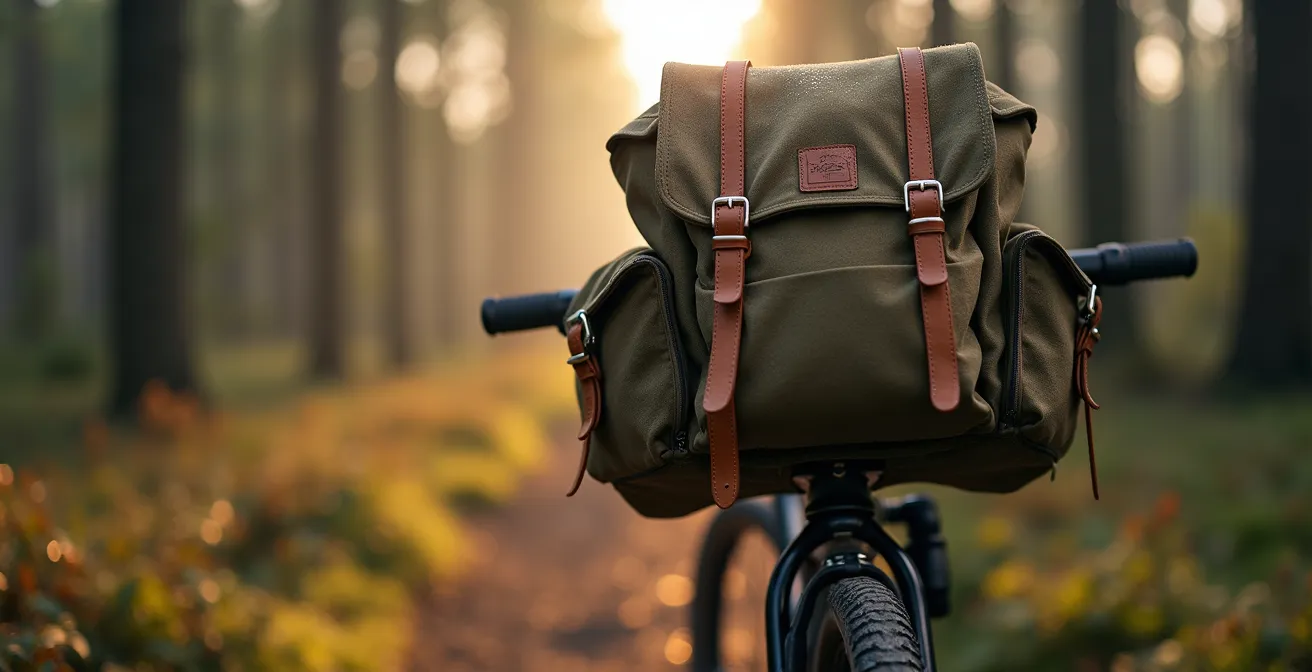 Vélo chargé de sacoches près d'une tente en forêt québécoise au coucher du soleil