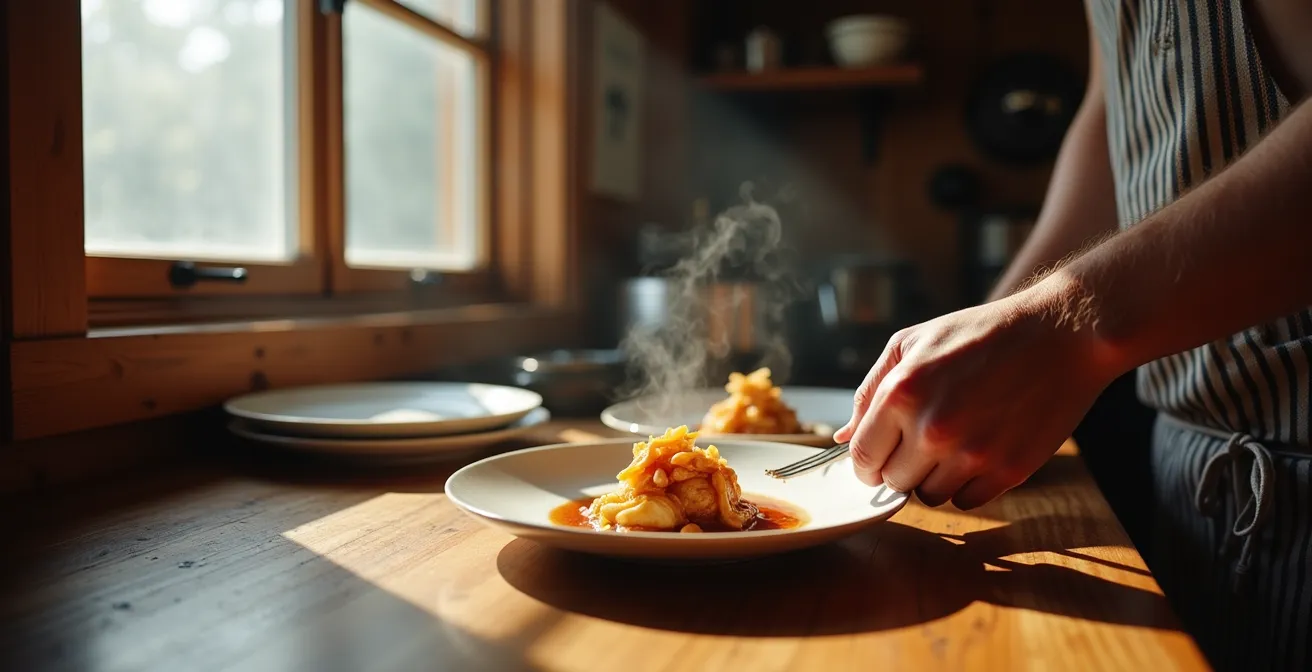 Intérieur chaleureux d'une cabane à sucre moderne avec détails rustiques et plats raffinés