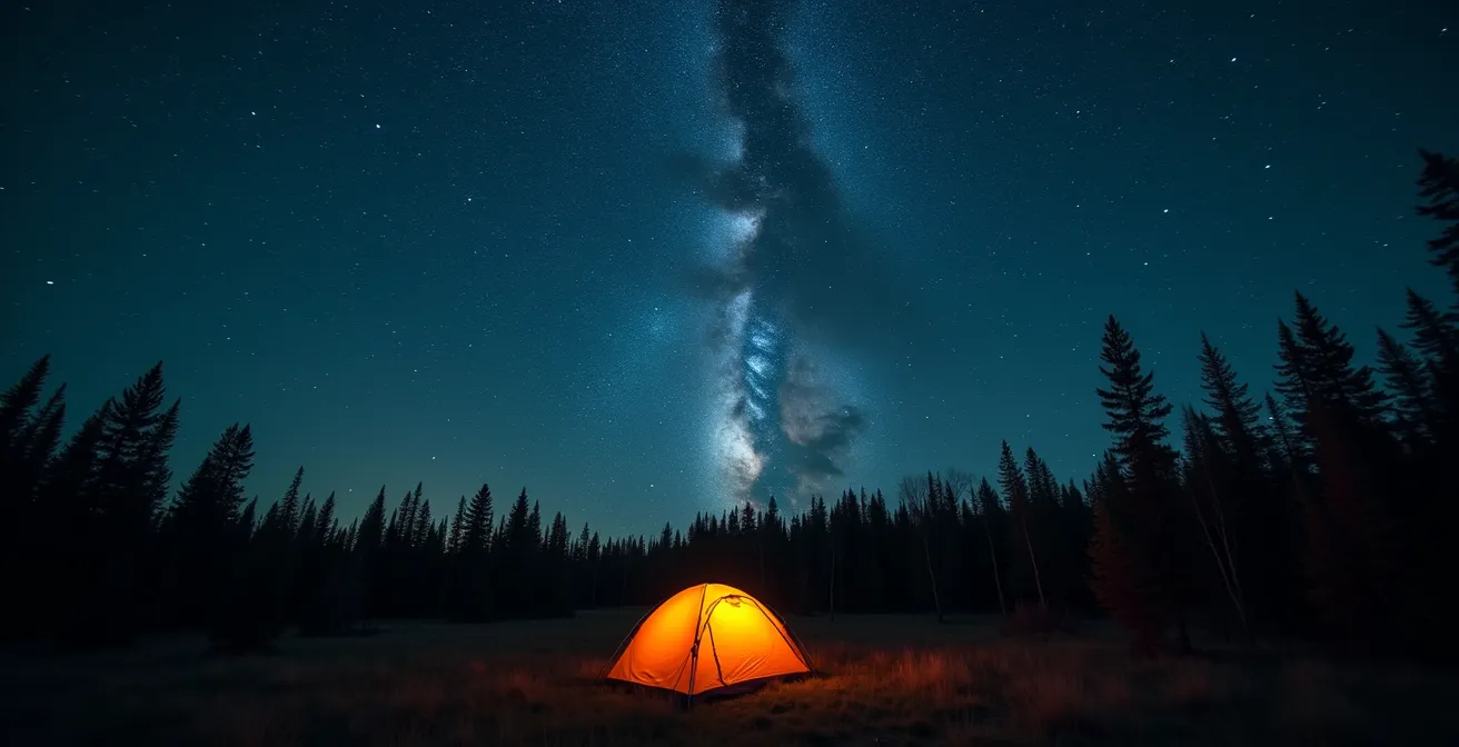 Tente sous un ciel étoilé avec aurores boréales dans la forêt canadienne