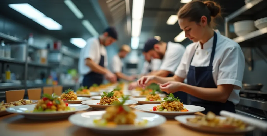 Chefs québécois innovants en cuisine fusion dans une cuisine professionnelle moderne
