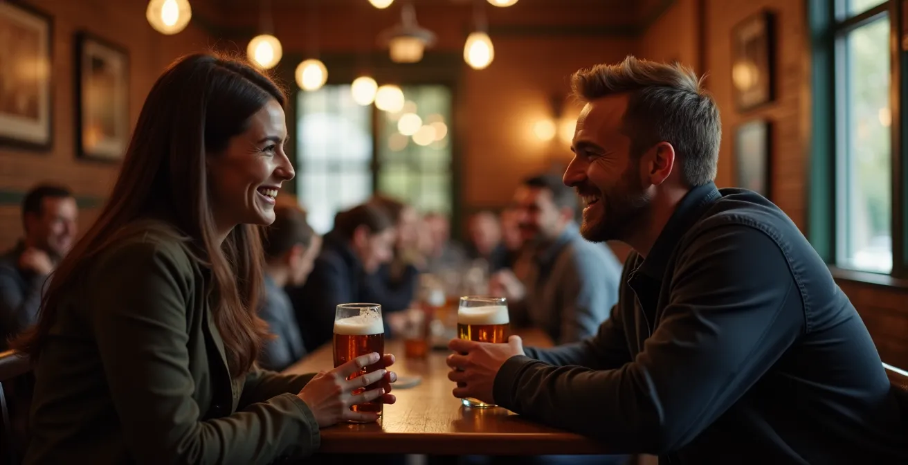 Deux personnes en discussion animée mais amicale dans un décor typiquement québécois