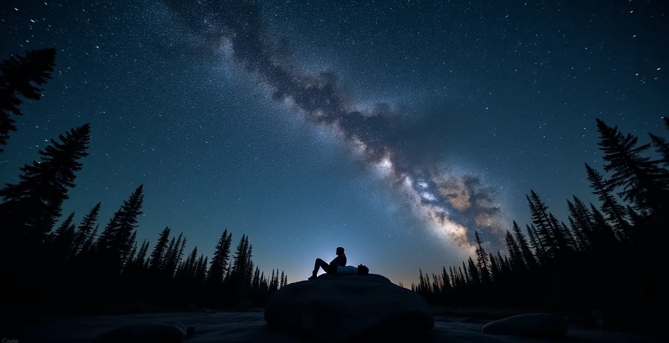 Vue grand angle d'un ciel étoilé spectaculaire au-dessus de la silhouette sombre de la forêt boréale québécoise